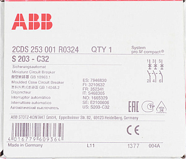 Автоматический выключатель модульный ABB S203 3P 32А тип C 6 кА 400 В (2CDS253001R0324)