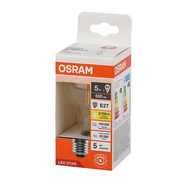 Лампа светодиодная филаментная Osram E27 2700К 5 Вт 600 Лм 220-230 В груша A60 прозрачная