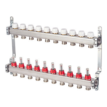 Коллекторная группа с расходомерами нержавеющая сталь Stout 1 ВР(г) х 10 выходов 3/4 НР(ш) ЕК х 1 ВР(г)