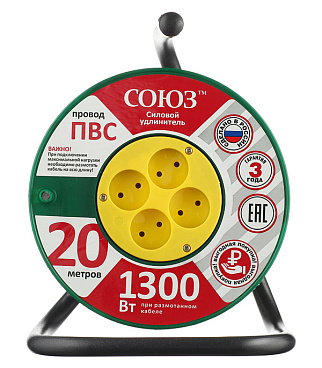 Удлинитель Союз без заземления 20 м на катушке 1,3 кВт 4 розетки ПВС (ТУ) 2х0,75 кв.мм IP20