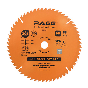 Диск пильный по дереву Rage by Vira Universal 305х30х2 мм 60 зубьев (594241)