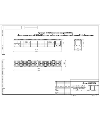 Лоток водоотводный пластиковый 1000х145х155 мм Gidrolica с чугунной решеткой класс D400 (800109D)
