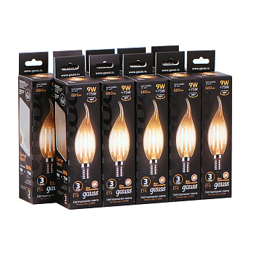 Лампа светодиодная филаментная Gauss E14  2700К 9 Вт 680 Лм 150-265 В свеча на ветру прозрачная (10 шт.)