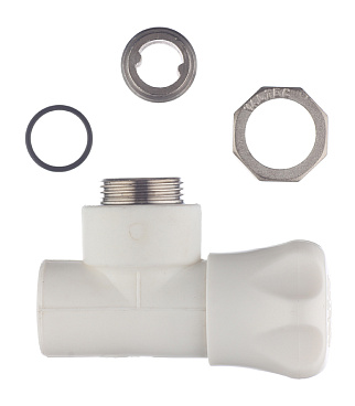 Клапан полипропиленовый Valtec 20 мм х 1/2 НР(ш) для радиатора с американкой угловой (VTp.718.V.02004)