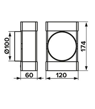 Соединитель Т-образный пластиковый для плоских воздуховодов 60х120 мм с круглыми d100 мм