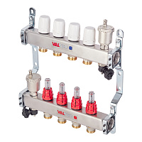 Коллекторная группа с расходомерами нержавеющая сталь Valtec 1 ВР(г) х 4 выхода 3/4 НР(ш) ЕК х 1 ВР(г)