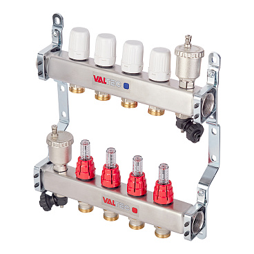 Коллекторная группа с расходомерами нержавеющая сталь Valtec 1 ВР(г) х 4 выхода 3/4 НР(ш) ЕК х 1 ВР(г)