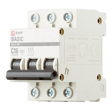 Автоматический выключатель модульный EKF Basic ВА 47-29 3P 16А тип C 4,5 кА 400 В (mcb4729-3-16C)