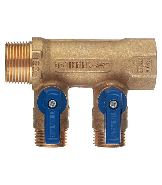 Коллектор Tiemme 3/4 ВР(г) х 2 выхода 1/2 НР(ш) ЕК х 3/4 НР(ш) с шаровыми кранами (1820029)