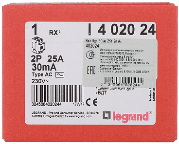 УЗО Legrand RX3 25А 1P+N тип AC 30 мА 10 кА (402024)