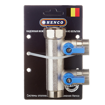 Коллектор Henco 3/4 ВР(г) х 2 выхода 3/4 НР(ш) ЕК х 3/4 НР(ш) с шаровыми кранами (VB050502-BLAUW)