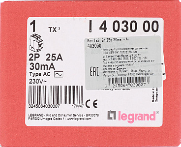 УЗО Legrand TX3 25А 1P+N тип AC 30 мА 10 кА (403000)