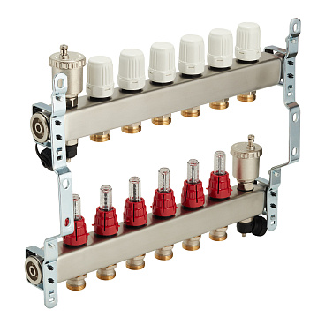 Коллекторная группа с расходомерами нержавеющая сталь Valtec 1 ВР(г) х 6 выходов 3/4 НР(ш) ЕК х 1 ВР(г)