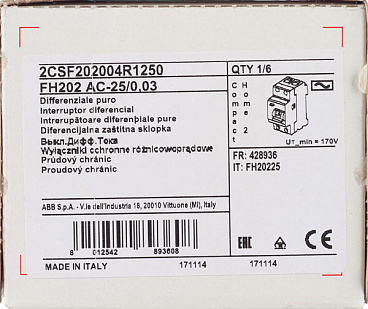 УЗО ABB SH FH202 25А 1P+N тип AC 30 мА 6 кА (2CSF202004R1250)