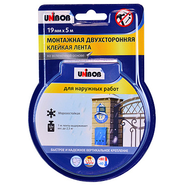 Лента клейкая монтажная для наружных работ Unibob двусторонняя 19 мм 5 м
