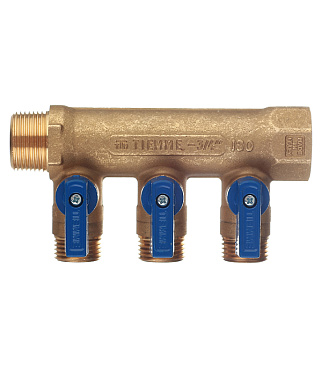 Коллектор Tiemme 3/4 ВР(г) х 3 выхода 1/2 НР(ш) ЕК х 3/4 НР(ш) с шаровыми кранами (1820035/1820001)