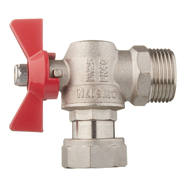 Кран шаровой латунный Valtec Base 1 ВР(г) х 1 НР(ш) бабочка с накидной гайкой угловой (VT.267.N.0606)