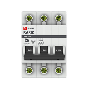 Автоматический выключатель модульный EKF Basic ВА 47-29 3P 6А тип C 4,5 кА 400 В (mcb4729-3-06C)