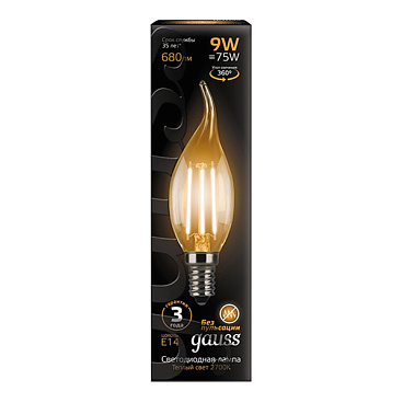 Лампа светодиодная филаментная Gauss E14  2700К 9 Вт 680 Лм 150-265 В свеча на ветру прозрачная (10 шт.)