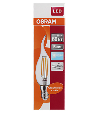 Лампа светодиодная филаментная Osram E14  4000К 5 Вт 600 Лм 220-230 В свеча на ветру прозрачная