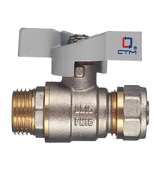 Кран шаровой латунный СТМ 16 обж(ц) х 1/2 НР(ш) для металлопластиковых труб бабочка прямой