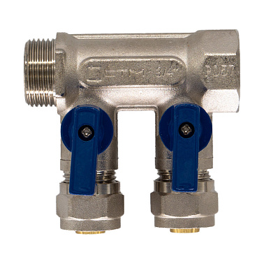 Коллектор 3/4 ВР(г) х 2 выхода 16 обж(ц) х 3/4 НР(ш) с шаровыми кранами (C2MP3416/17359)