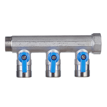 Коллектор Henco 3/4 ВР(г) х 3 выхода 3/4 НР(ш) ЕК х 3/4 НР(ш) с шаровыми кранами (VB050503-BLAUW)