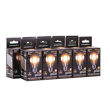 Лампа светодиодная филаментная Gauss E27 2700К 10 Вт 930 Лм 185-265 В груша А60 прозрачная (10 шт.)