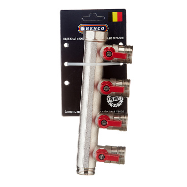 Коллектор Henco 3/4 ВР(г) х 4 выхода 3/4 НР(ш) ЕК х 3/4 НР(ш) с шаровыми кранами (VB050504-ROOD)
