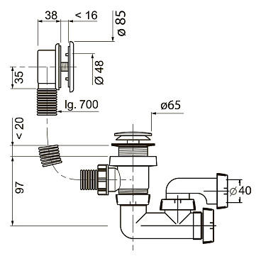 Сифон для ванны Wirquin 1 1/2х40 мм с выпуском d70 мм клик-клак с соединением 40/50 мм (30718585)