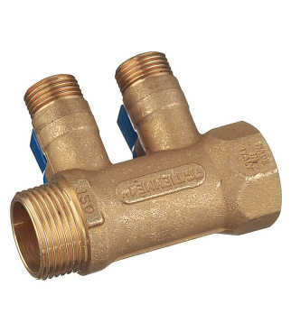 Коллектор Tiemme 1 ВР(г) х 2 выхода 1/2 НР(ш) ЕК х 1 НР(ш) с шаровыми кранами (1820042/1820006)