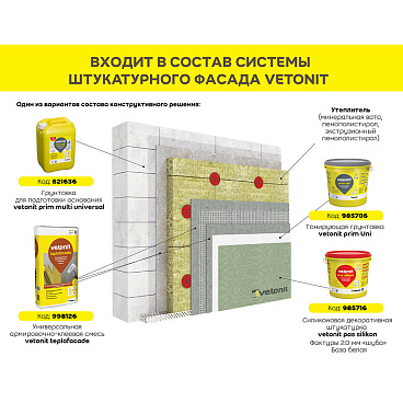 Штукатурка фасадная Vetonit Pas Silikon силиконовая короед 2 мм база 100А белая 25 кг