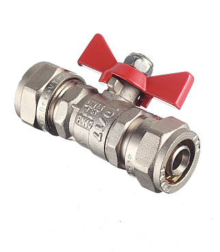 Кран шаровой латунный Valtec 16 обж(ц) х 16 обж(ц) для металлопластиковых труб бабочка прямой (VT.343.N.1616)