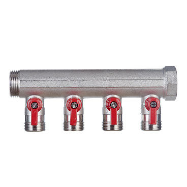 Коллектор Henco 1 ВР(г) х 4 выхода 3/4 НР(ш) ЕК х 1 НР(ш) с шаровыми кранами (VB060504-ROOD)