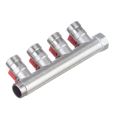 Коллектор Henco 3/4 ВР(г) х 4 выхода 3/4 НР(ш) ЕК х 3/4 НР(ш) с шаровыми кранами (VB050504-ROOD)
