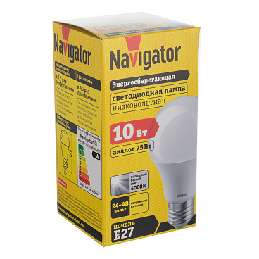 Лампа светодиодная Navigator E27 4000К 10 Вт 800 Лм 24-48 В груша A60 матовая