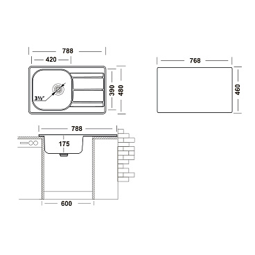 Мойка для кухни Ukinox Nord 78,8х48х17,5 см врезная с крылом сталь (Nr 788х480 (0,6) G)