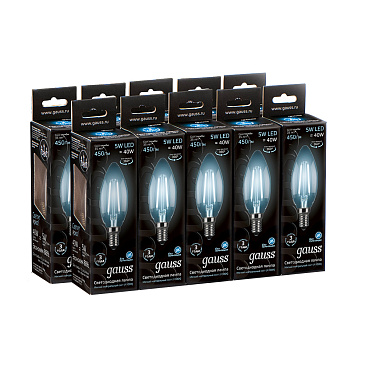 Лампа светодиодная филаментная Gauss E14  4100К 5 Вт 450 Лм 150-265 В свеча прозрачная (10 шт.)