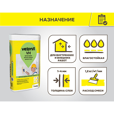 Шпаклевка цементная Weber.vetonit VH для влажных помещений белая 20 кг
