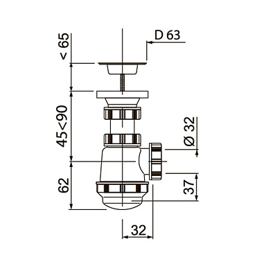 Сифон для раковины и биде Wirquin Pro 1 1/4х32 мм c выпуском d63 мм (30975059)