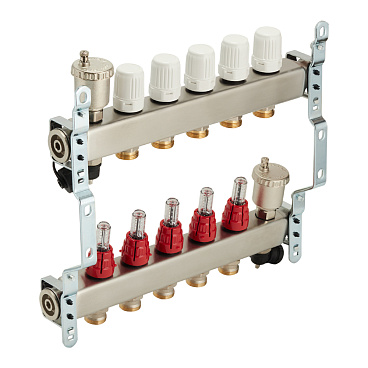 Коллекторная группа с расходомерами нержавеющая сталь Valtec 1 ВР(г) х 5 выходов 3/4 НР(ш) ЕК х 1 ВР(г)