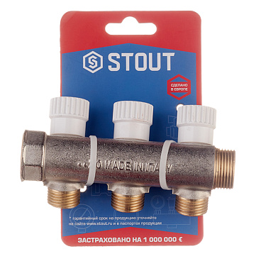 Коллектор Stout 3/4 ВР(г) х 3 выхода 1/2 НР(ш) х 3/4 НР(ш) регулируемый (SMB 6851 341203)
