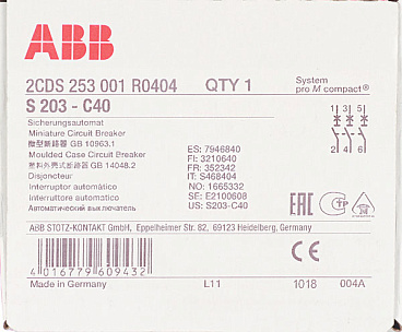 Автоматический выключатель модульный ABB S203 3P 40А тип C 6 кА 400 В (2CDS253001R0404)