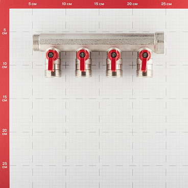 Коллектор Henco 3/4 ВР(г) х 4 выхода 3/4 НР(ш) ЕК х 3/4 НР(ш) с шаровыми кранами (VB050504-ROOD)