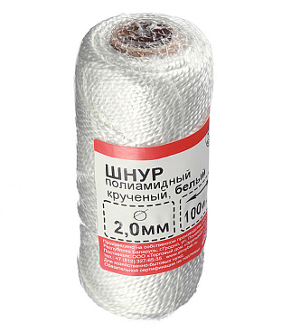 Шнур крученый полиамидный 2 пряди белый d2 мм 100 м