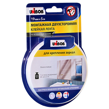 Лента клейкая монтажная для зеркал Unibob двусторонняя 19 мм 5 м