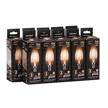 Лампа светодиодная филаментная Gauss E14  2700К 9 Вт 680 Лм 150-265 В свеча прозрачная (10 шт.)