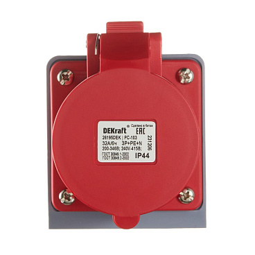 Розетка силовая угловая настенная Dekraft РС-103 с заземлением 3P+N+PE 3 фазы 32 А 380 В IP44 красная (26195DEK)