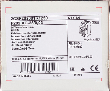 УЗО ABB S F202 25А 1P+N тип AC 30 мА 10 кА (2CSF202001R1250)