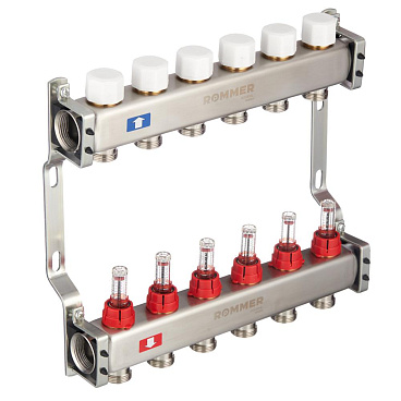 Коллекторная группа с расходомерами Rommer 1 ВР(г) х 6 выходов 3/4 НР(ш) ЕК х 1 ВР(г)